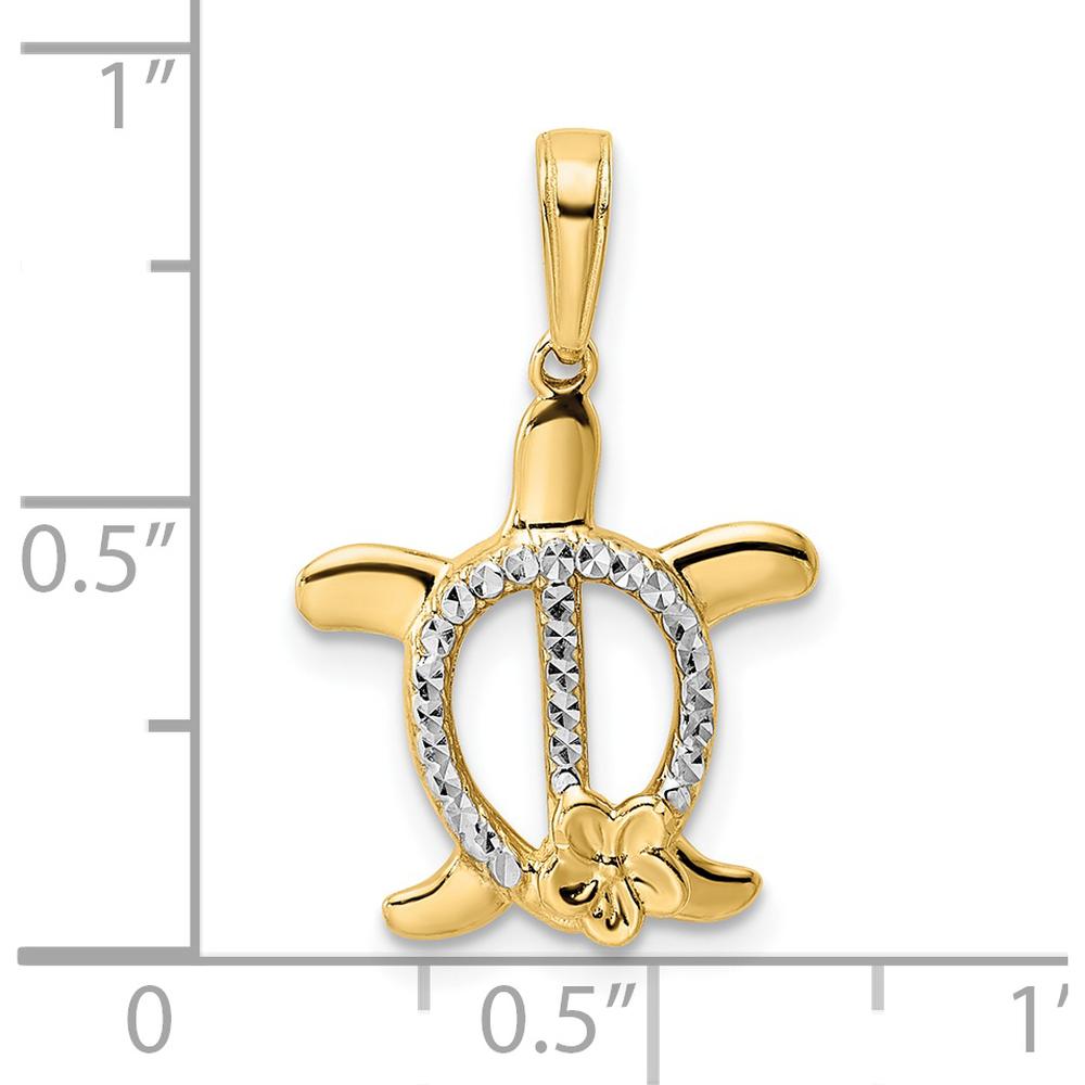 14K Yellow Gold and White Rhodium Diamond-Cut Turtle Pendant with Flower Accent by Oro Pregiato