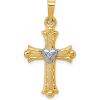 14K Yellow Gold and White Rhodium Diamond Fleur De Lis Cross with Heart Pendant - 0.010 Carat Total Diamond Weight by Oro Pregiato