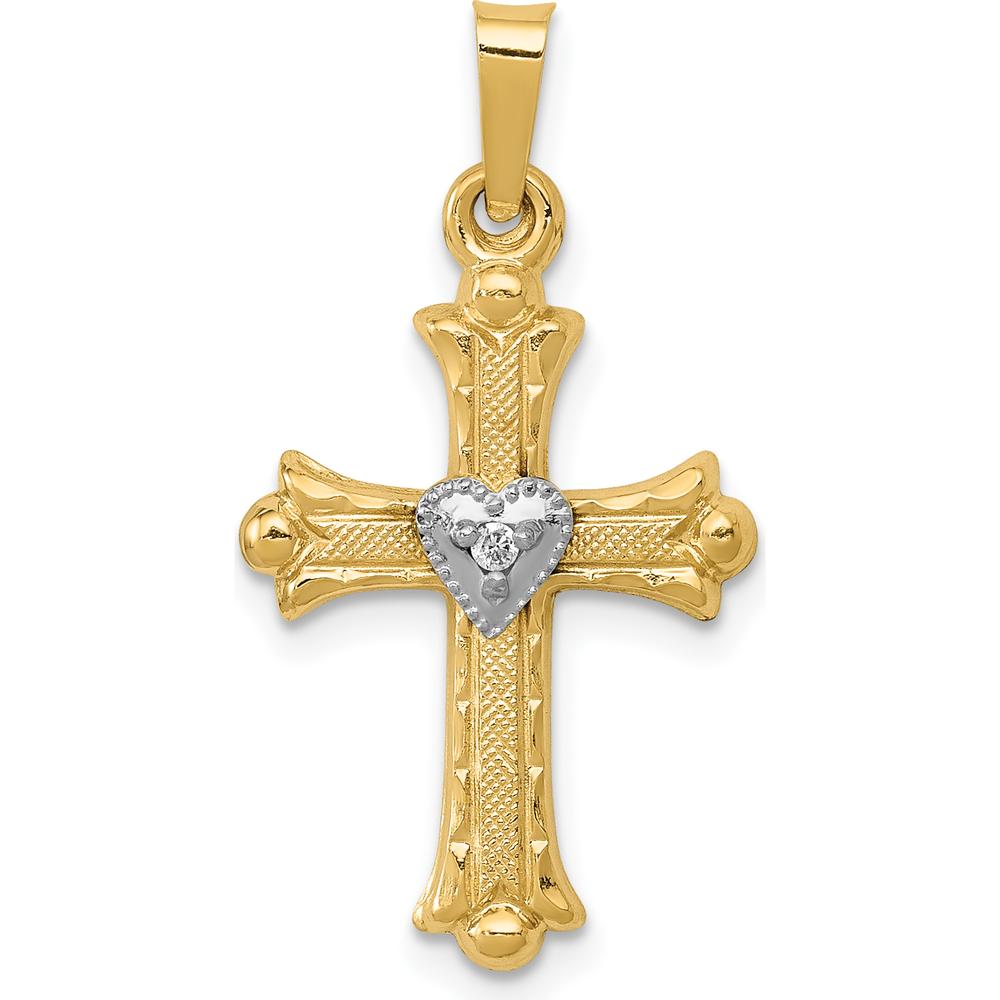 14K Yellow Gold and White Rhodium Diamond Fleur De Lis Cross with Heart Pendant - 0.010 Carat Total Diamond Weight by Oro Pregiato