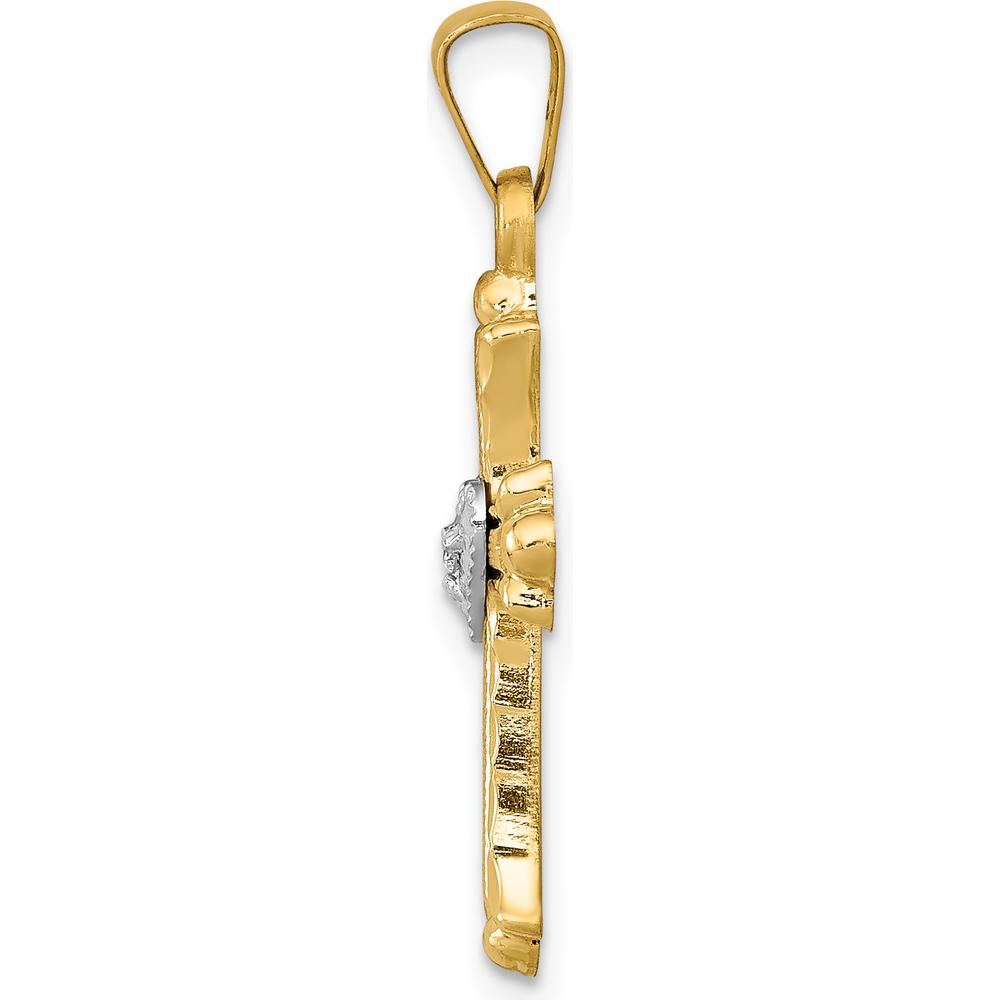 14K Yellow Gold and White Rhodium Diamond Fleur De Lis Cross with Heart Pendant - 0.010 Carat Total Diamond Weight by Oro Pregiato
