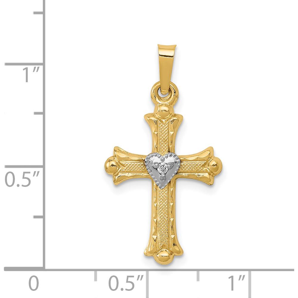 14K Yellow Gold and White Rhodium Diamond Fleur De Lis Cross with Heart Pendant - 0.010 Carat Total Diamond Weight by Oro Pregiato