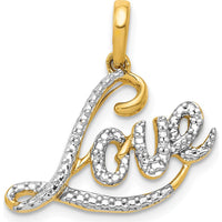 14K Yellow Gold and White Rhodium Diamond LOVE Script Pendant - 0.003 Carat Diamond Weight by Monteluci Fine Jewelry