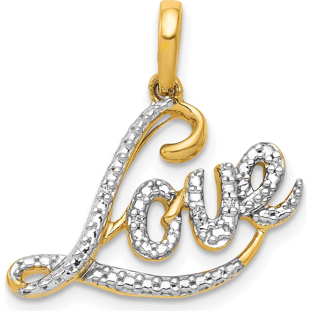 14K Yellow Gold and White Rhodium Diamond LOVE Script Pendant - 0.003 Carat Diamond Weight by Monteluci Fine Jewelry