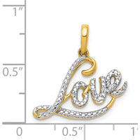 14K Yellow Gold and White Rhodium Diamond LOVE Script Pendant - 0.003 Carat Diamond Weight by Monteluci Fine Jewelry