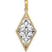 14K Yellow Gold and White Rhodium Diamond-Shape Filigree Charm Pendant - Polished Finish by Oro Pregiato
