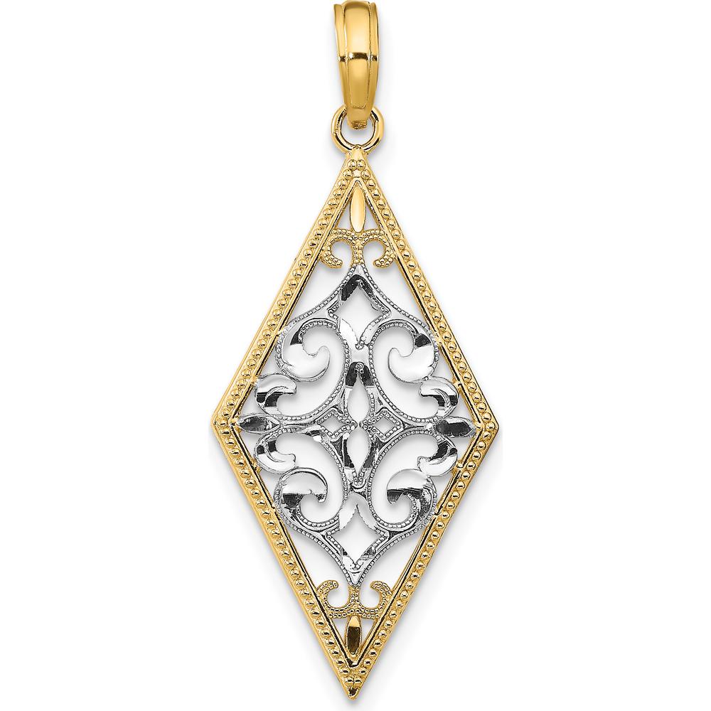14K Yellow Gold and White Rhodium Diamond-Shape Filigree Charm Pendant - Polished Finish by Oro Pregiato