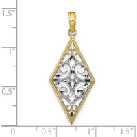 14K Yellow Gold and White Rhodium Diamond-Shape Filigree Charm Pendant - Polished Finish by Oro Pregiato