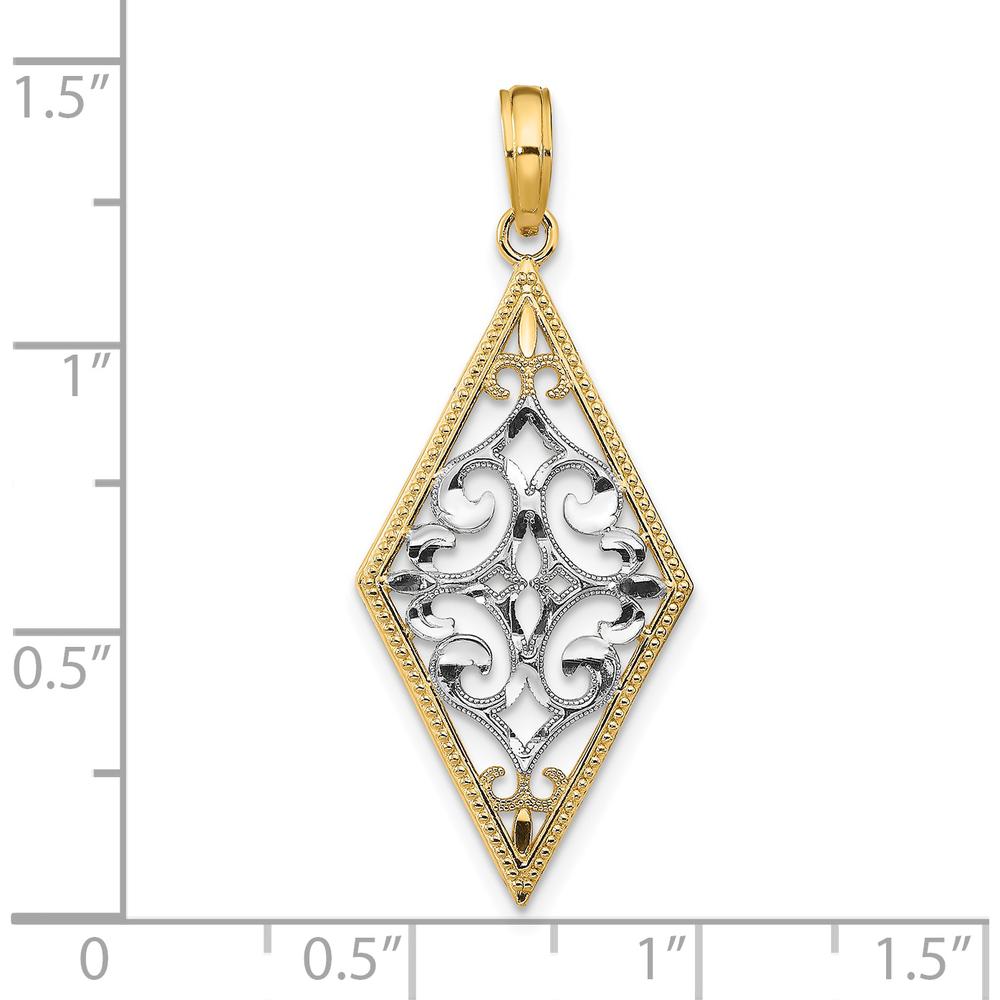 14K Yellow Gold and White Rhodium Diamond-Shape Filigree Charm Pendant - Polished Finish by Oro Pregiato