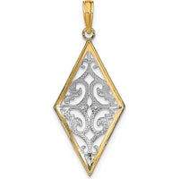 14K Yellow Gold and White Rhodium Diamond-Shape Filigree Charm Pendant - Polished Finish by Oro Pregiato