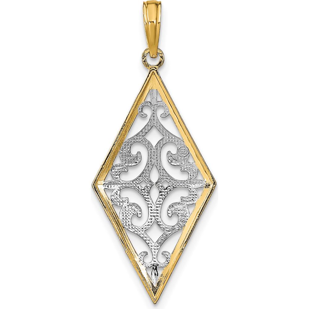 14K Yellow Gold and White Rhodium Diamond-Shape Filigree Charm Pendant - Polished Finish by Oro Pregiato