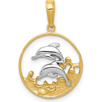 14K Yellow Gold & White Rhodium Double Dolphins Pendant - 22mm by Oro Pregiato