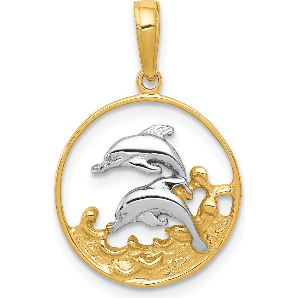 14K Yellow Gold & White Rhodium Double Dolphins Pendant - 22mm by Oro Pregiato
