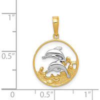 14K Yellow Gold & White Rhodium Double Dolphins Pendant - 22mm by Oro Pregiato