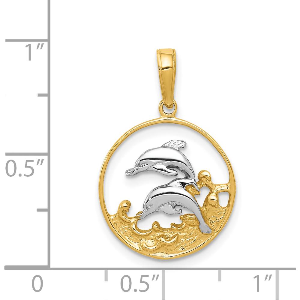 14K Yellow Gold & White Rhodium Double Dolphins Pendant - 22mm by Oro Pregiato