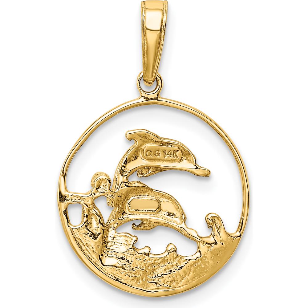 14K Yellow Gold & White Rhodium Double Dolphins Pendant - 22mm by Oro Pregiato