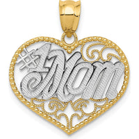 14K Yellow Gold and White Rhodium Filigree #1 MOM Heart Pendant - Solid Design with Polished Finish by Oro Pregiato