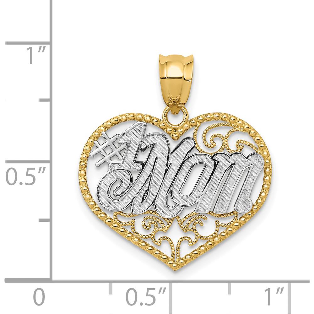14K Yellow Gold and White Rhodium Filigree #1 MOM Heart Pendant - Solid Design with Polished Finish by Oro Pregiato