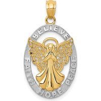 14K Yellow Gold and White Rhodium Filigree Angel Pendant with BELIEVE FAITH HOPE PEACE Inscription - 28mm Length by Oro Pregiato