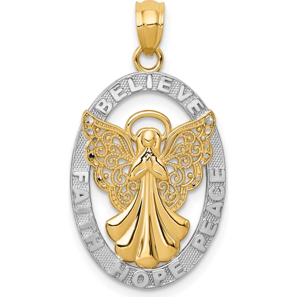 14K Yellow Gold and White Rhodium Filigree Angel Pendant with BELIEVE FAITH HOPE PEACE Inscription - 28mm Length by Oro Pregiato