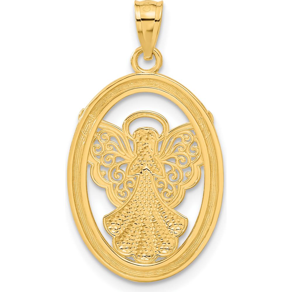 14K Yellow Gold and White Rhodium Filigree Angel Pendant with BELIEVE FAITH HOPE PEACE Inscription - 28mm Length by Oro Pregiato