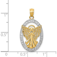 14K Yellow Gold and White Rhodium Filigree Angel Pendant with BELIEVE FAITH HOPE PEACE Inscription - 28mm Length by Oro Pregiato
