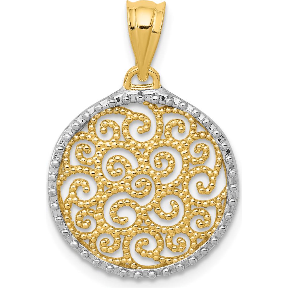 14K Yellow Gold and White Rhodium Filigree Circle Pendant - 19mm Length, 16mm Width by Oro Pregiato