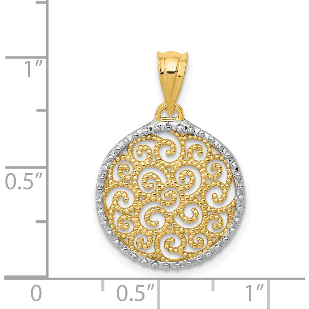 14K Yellow Gold and White Rhodium Filigree Circle Pendant - 19mm Length, 16mm Width by Oro Pregiato