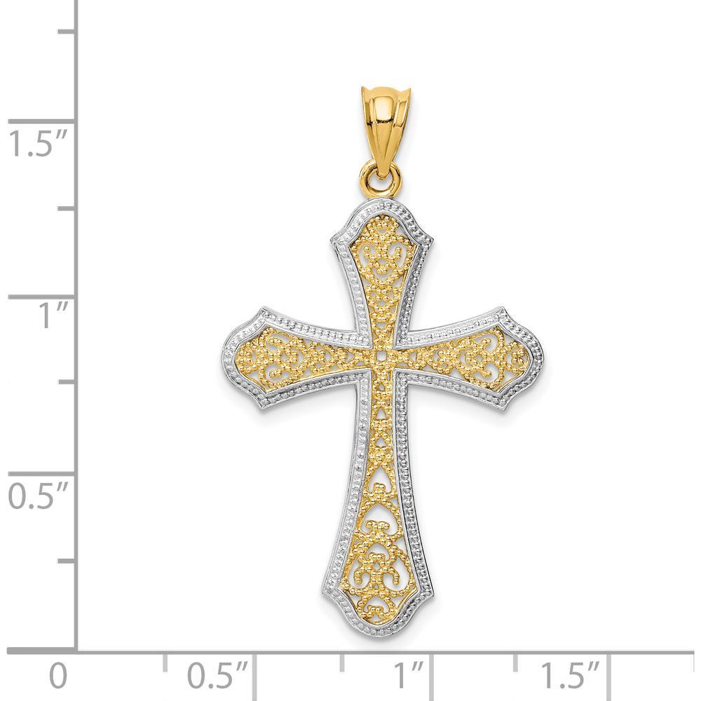14K Yellow Gold and White Rhodium Filigree Cross Pendant - 42mm Length by Oro Pregiato