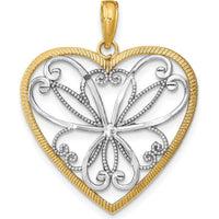 14K Yellow Gold and White Rhodium Filigree Heart Pendant Charm by Oro Pregiato