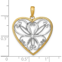 14K Yellow Gold and White Rhodium Filigree Heart Pendant Charm by Oro Pregiato