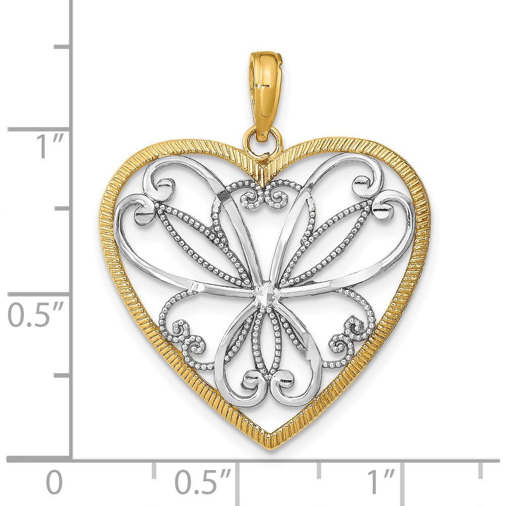 14K Yellow Gold and White Rhodium Filigree Heart Pendant Charm by Oro Pregiato