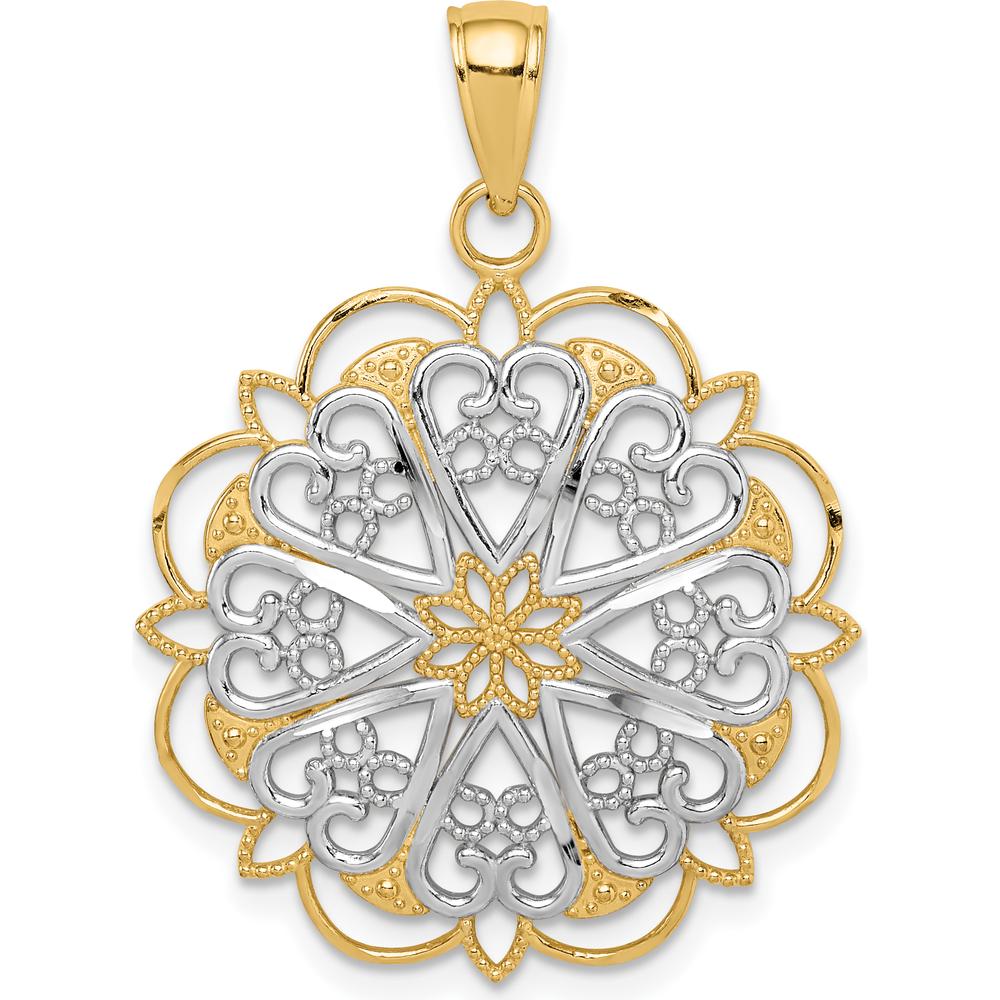 14K Yellow Gold and White Rhodium Filigree Hearts Pendant with Scalloped Edge - 35mm Length by Oro Pregiato