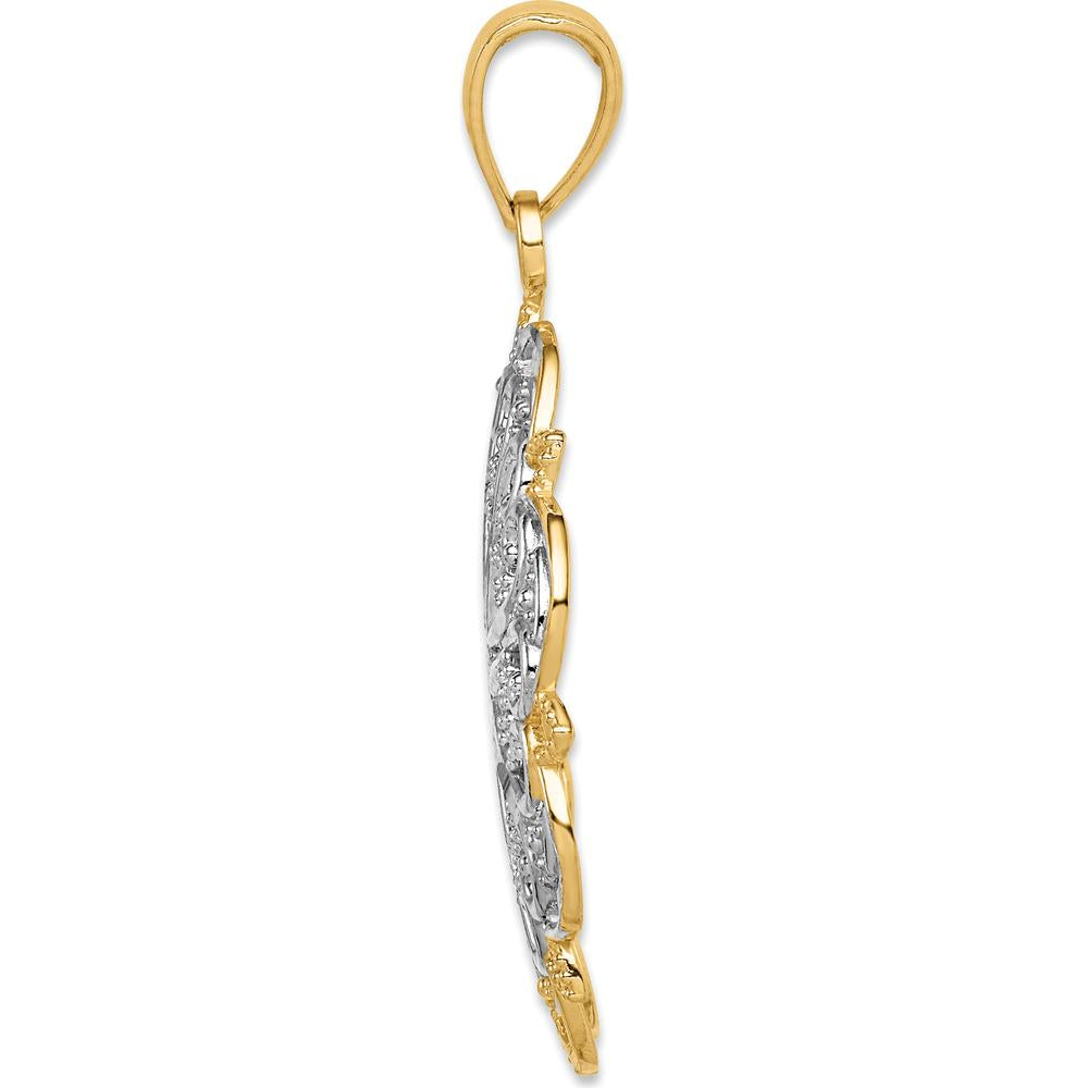 14K Yellow Gold and White Rhodium Filigree Hearts Pendant with Scalloped Edge - 35mm Length by Oro Pregiato