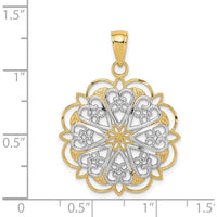 14K Yellow Gold and White Rhodium Filigree Hearts Pendant with Scalloped Edge - 35mm Length by Oro Pregiato