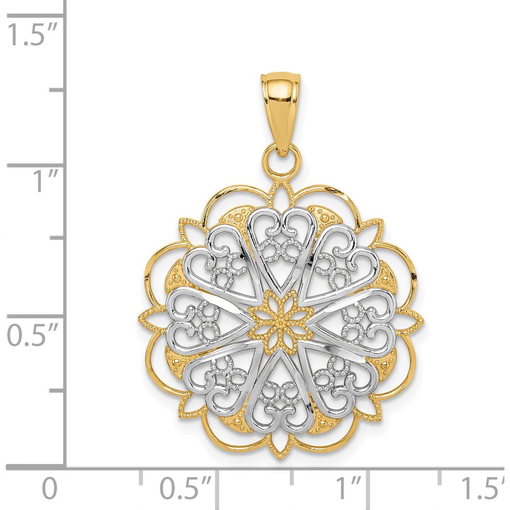 14K Yellow Gold and White Rhodium Filigree Hearts Pendant with Scalloped Edge - 35mm Length by Oro Pregiato