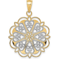 14K Yellow Gold and White Rhodium Filigree Hearts Pendant with Scalloped Edge - 35mm Length by Oro Pregiato