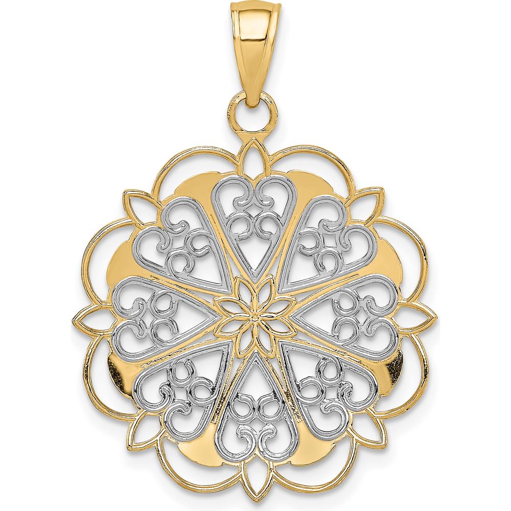 14K Yellow Gold and White Rhodium Filigree Hearts Pendant with Scalloped Edge - 35mm Length by Oro Pregiato