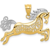 14K Yellow Gold and White Rhodium Filigree Horse Pendant - 29mm Width by Oro Pregiato