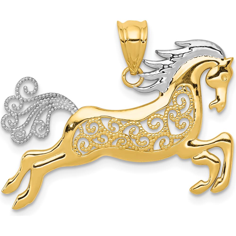 14K Yellow Gold and White Rhodium Filigree Horse Pendant - 29mm Width by Oro Pregiato