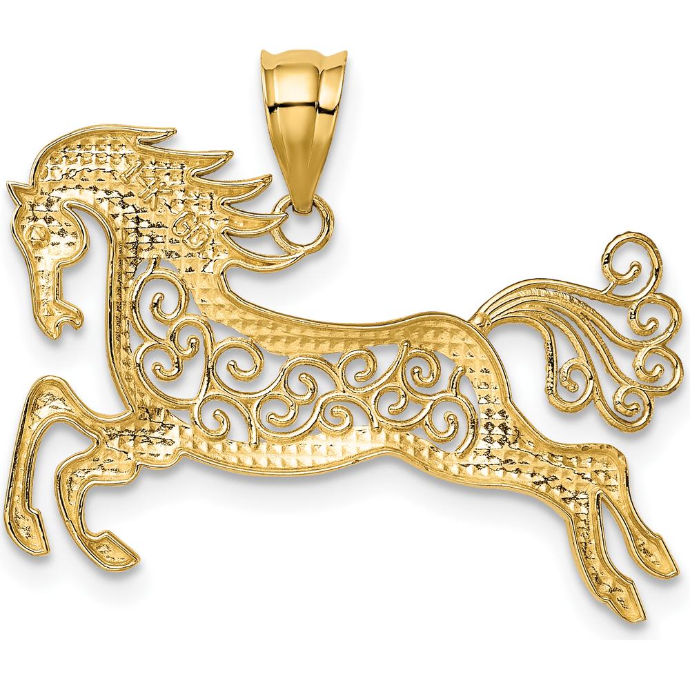 14K Yellow Gold and White Rhodium Filigree Horse Pendant - 29mm Width by Oro Pregiato