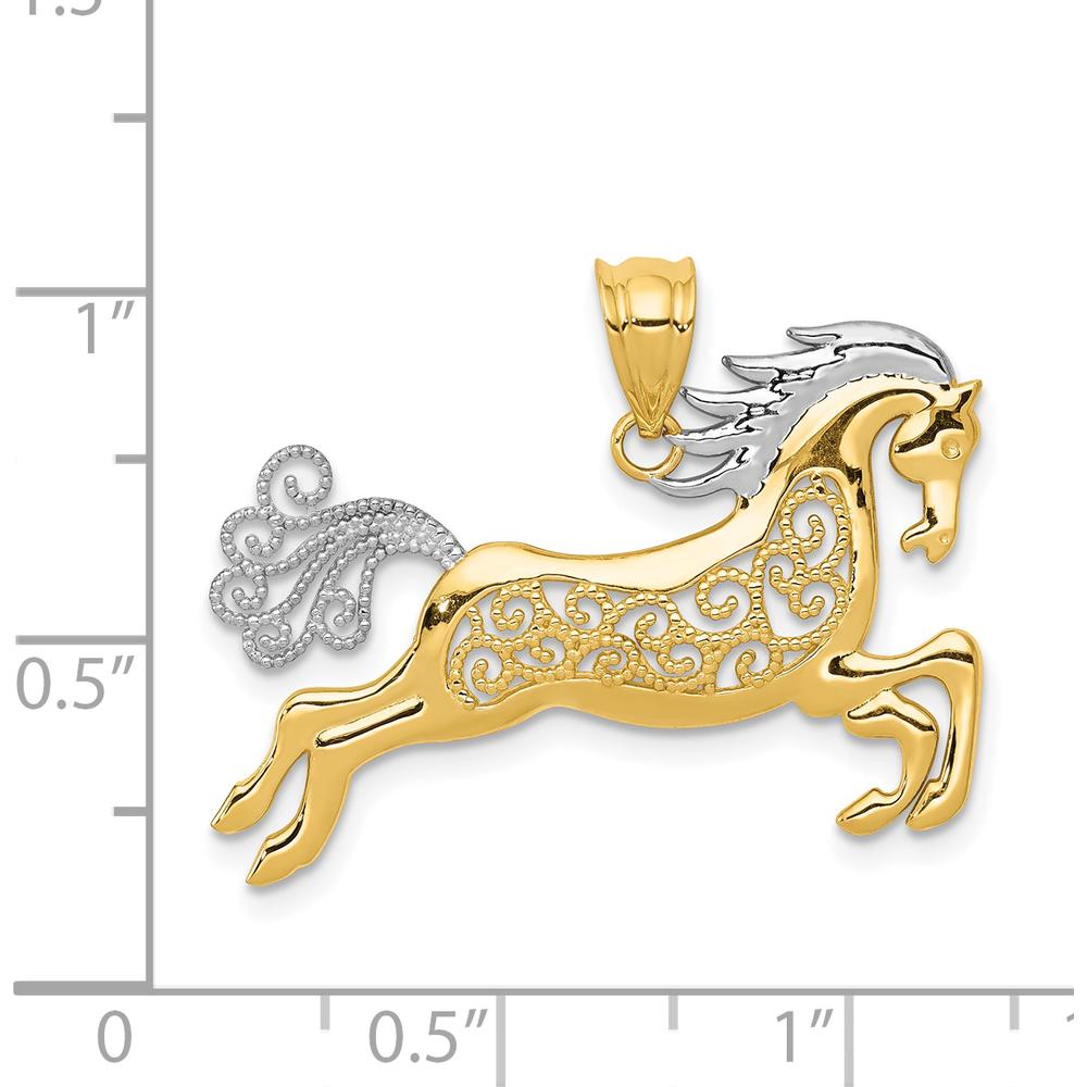14K Yellow Gold and White Rhodium Filigree Horse Pendant - 29mm Width by Oro Pregiato