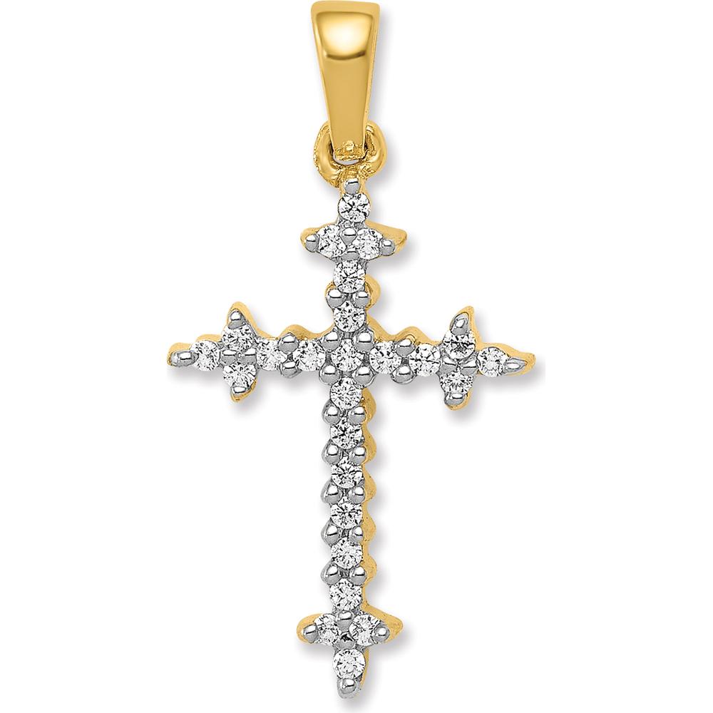 14K Yellow Gold and White Rhodium Fleur de Lis Cross Pendant with 1/6 Carat Total Diamond Weight by Oro Pregiato