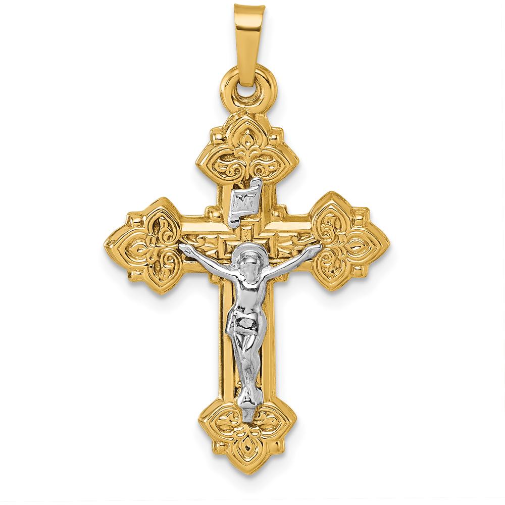 14K Yellow Gold and White Rhodium Fleur de Lis INRI Crucifix Cross Pendant - 36.3mm Length by Oro Pregiato