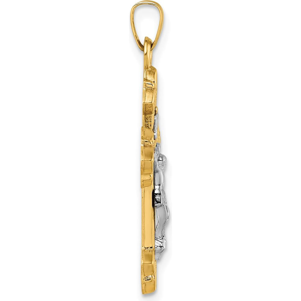 14K Yellow Gold and White Rhodium Fleur de Lis INRI Crucifix Cross Pendant - 36.3mm Length by Oro Pregiato