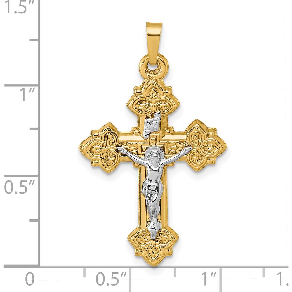14K Yellow Gold and White Rhodium Fleur de Lis INRI Crucifix Cross Pendant - 36.3mm Length by Oro Pregiato