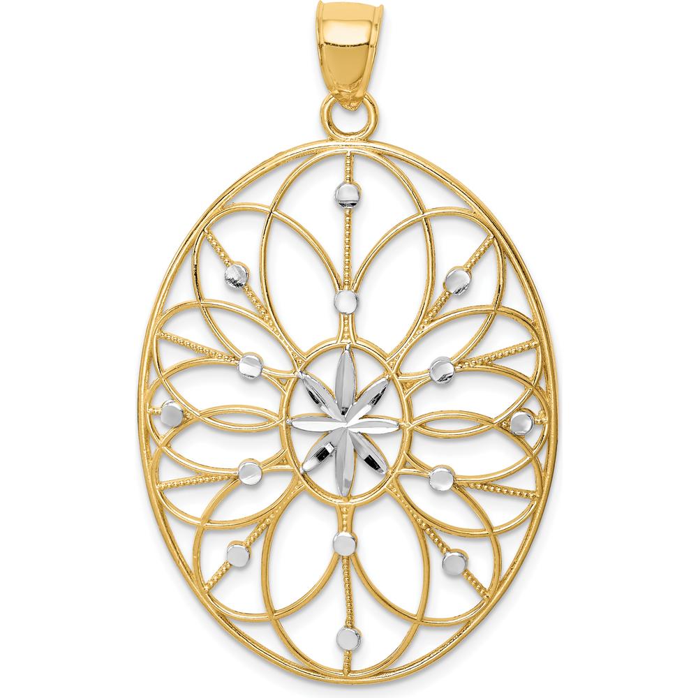 14K Yellow Gold and White Rhodium Floral Filigree Medallion Pendant - Polished Finish by Oro Pregiato
