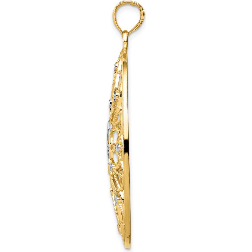 14K Yellow Gold and White Rhodium Floral Filigree Medallion Pendant - Polished Finish by Oro Pregiato