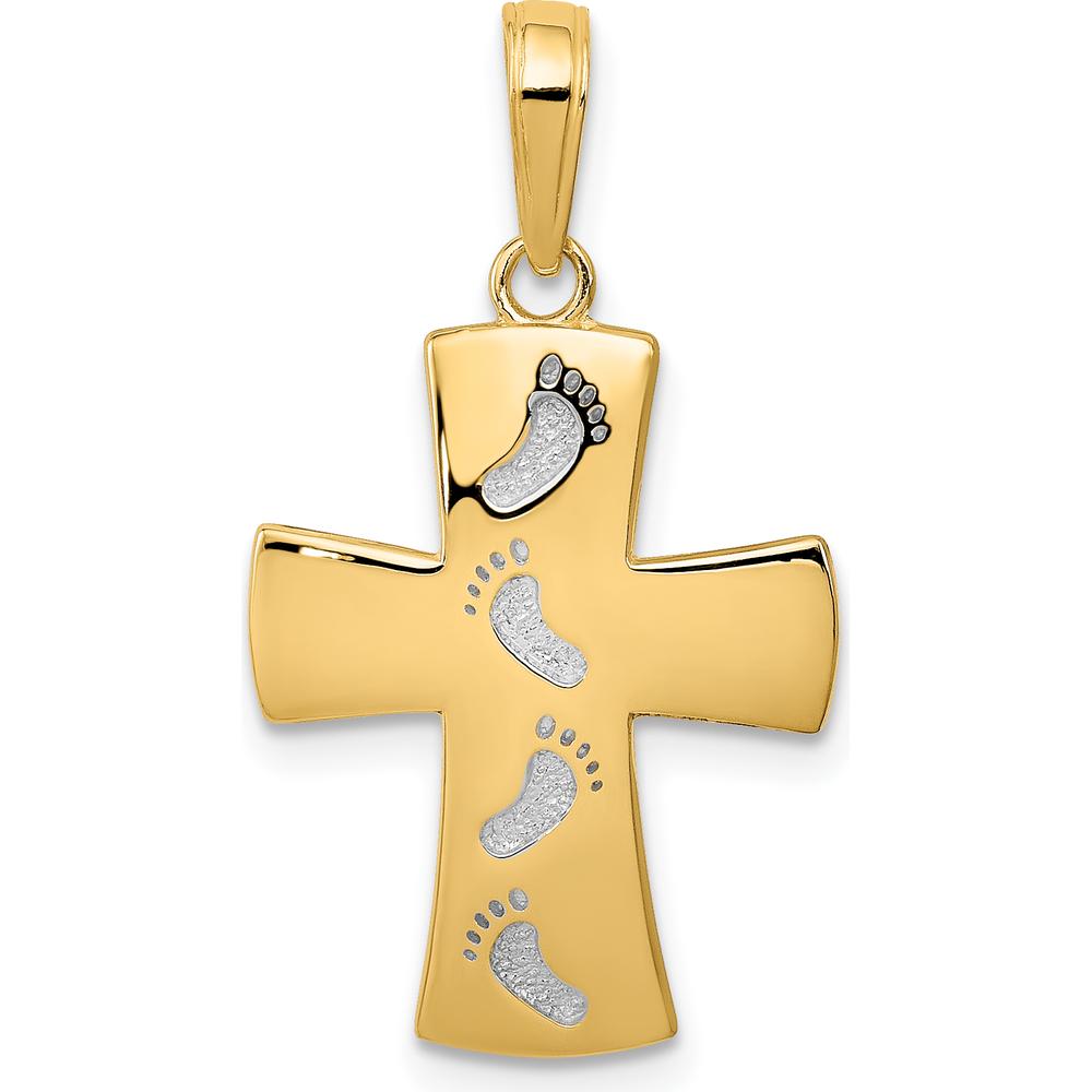 14K Yellow Gold and White Rhodium Footprints Cross Pendant - 26mm x 15mm by Oro Pregiato