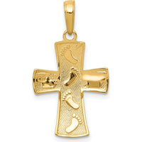 14K Yellow Gold and White Rhodium Footprints Cross Pendant - 26mm x 15mm by Oro Pregiato