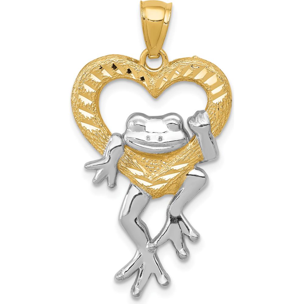 14K Yellow Gold and White Rhodium Frog in Heart Pendant - 32mm Length by Oro Pregiato